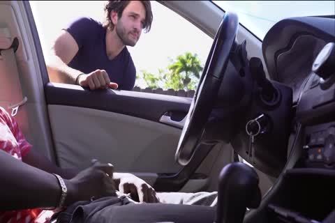 darksome lad Wacks Off In Car In Public whilst A White guy Watches